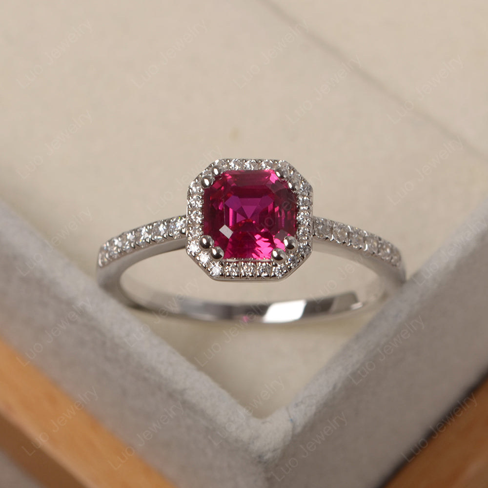 Asscher Cut Ruby Halo Engagement Ring - LUO Jewelry