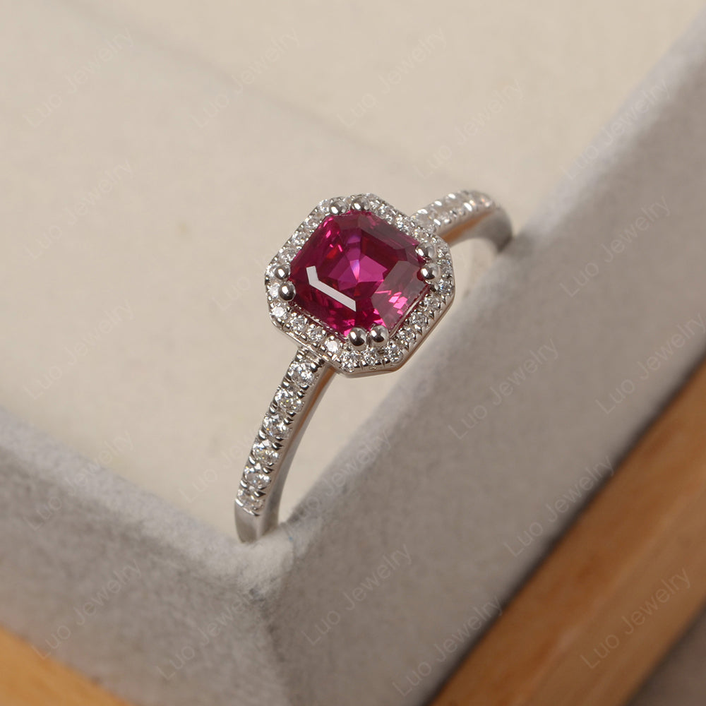 Asscher Cut Ruby Halo Engagement Ring - LUO Jewelry