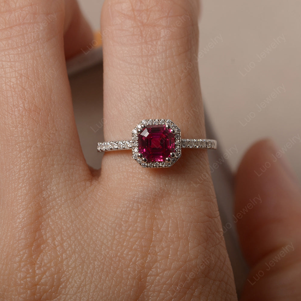 Asscher Cut Ruby Halo Engagement Ring - LUO Jewelry