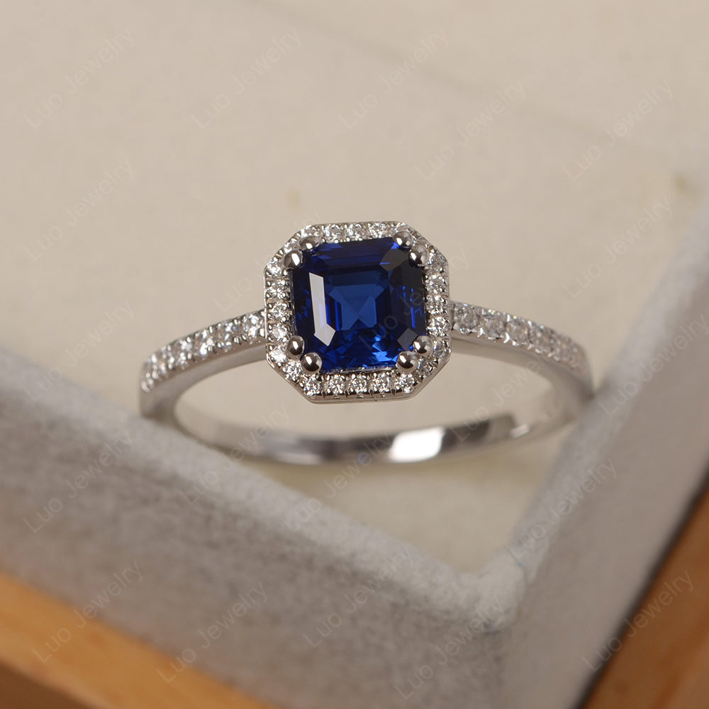 Asscher Cut Lab Sapphire Halo Engagement Ring - LUO Jewelry