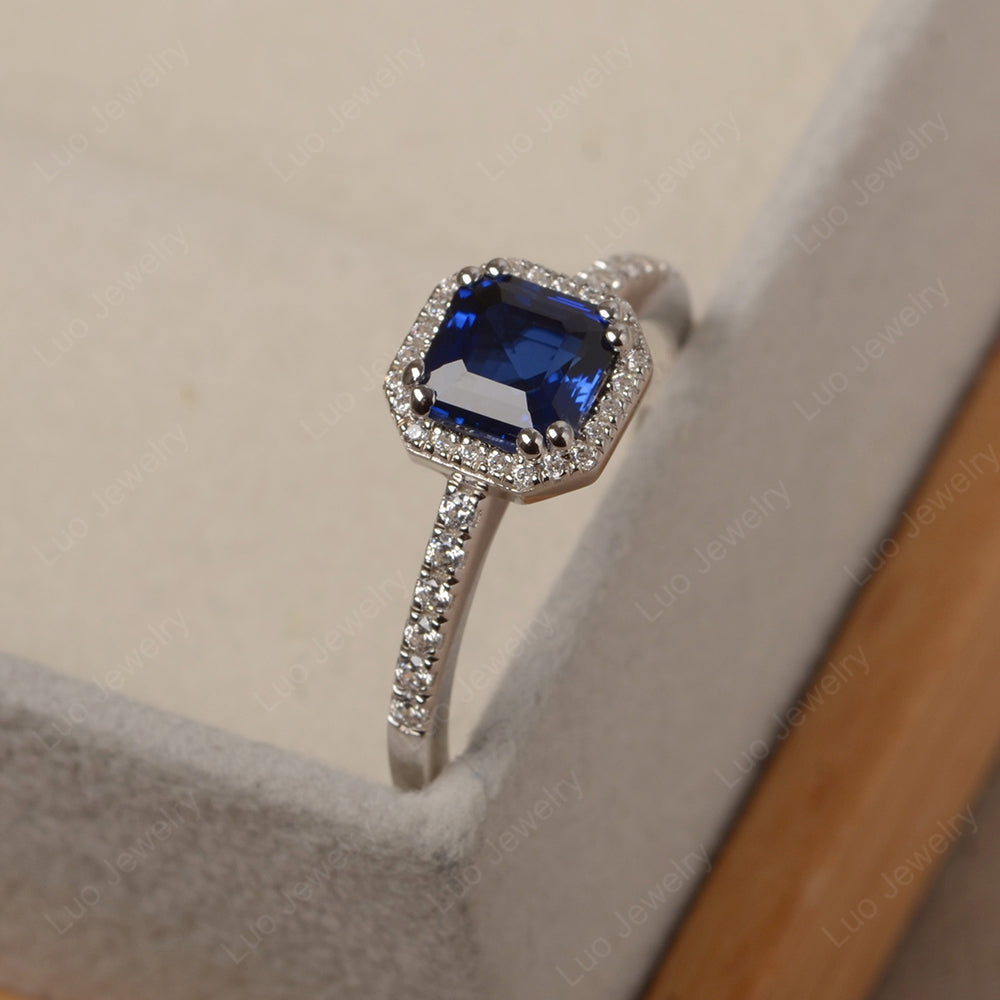 Asscher Cut Lab Sapphire Halo Engagement Ring - LUO Jewelry