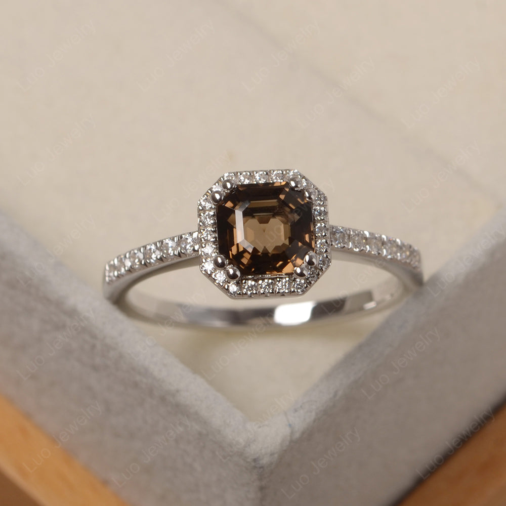 Asscher Cut Smoky Quartz  Halo Engagement Ring - LUO Jewelry