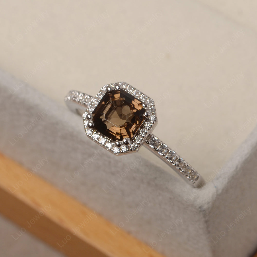 Asscher Cut Smoky Quartz  Halo Engagement Ring - LUO Jewelry