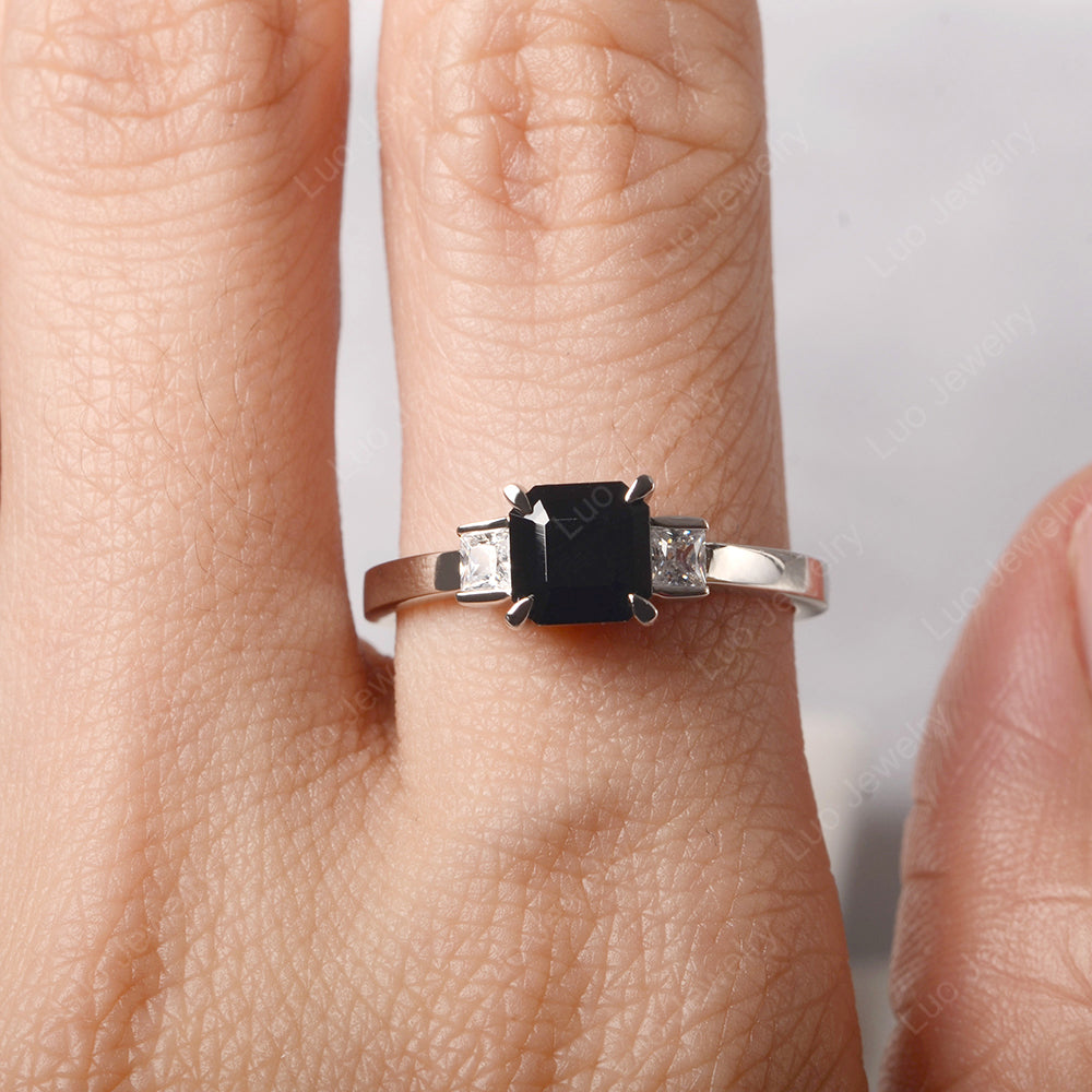 Black Spinel Engagement Ring Asscher Cut Ring - LUO Jewelry