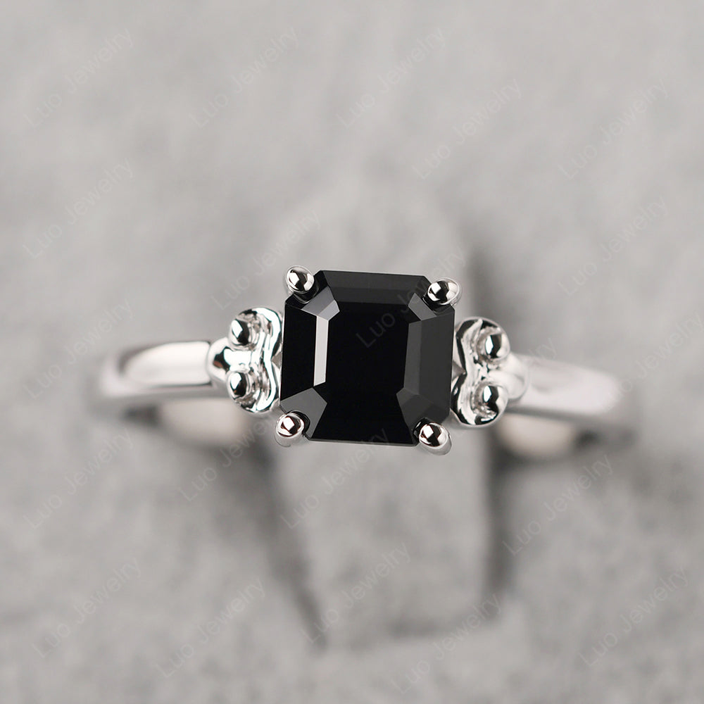 Asscher Cut Black Spinel Art Deco Solitaire Ring - LUO Jewelry