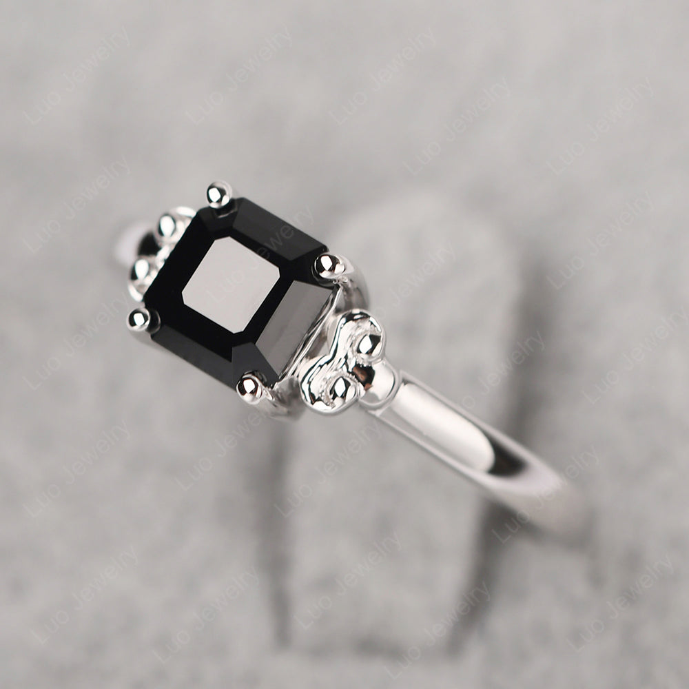 Asscher Cut Black Spinel Art Deco Solitaire Ring - LUO Jewelry