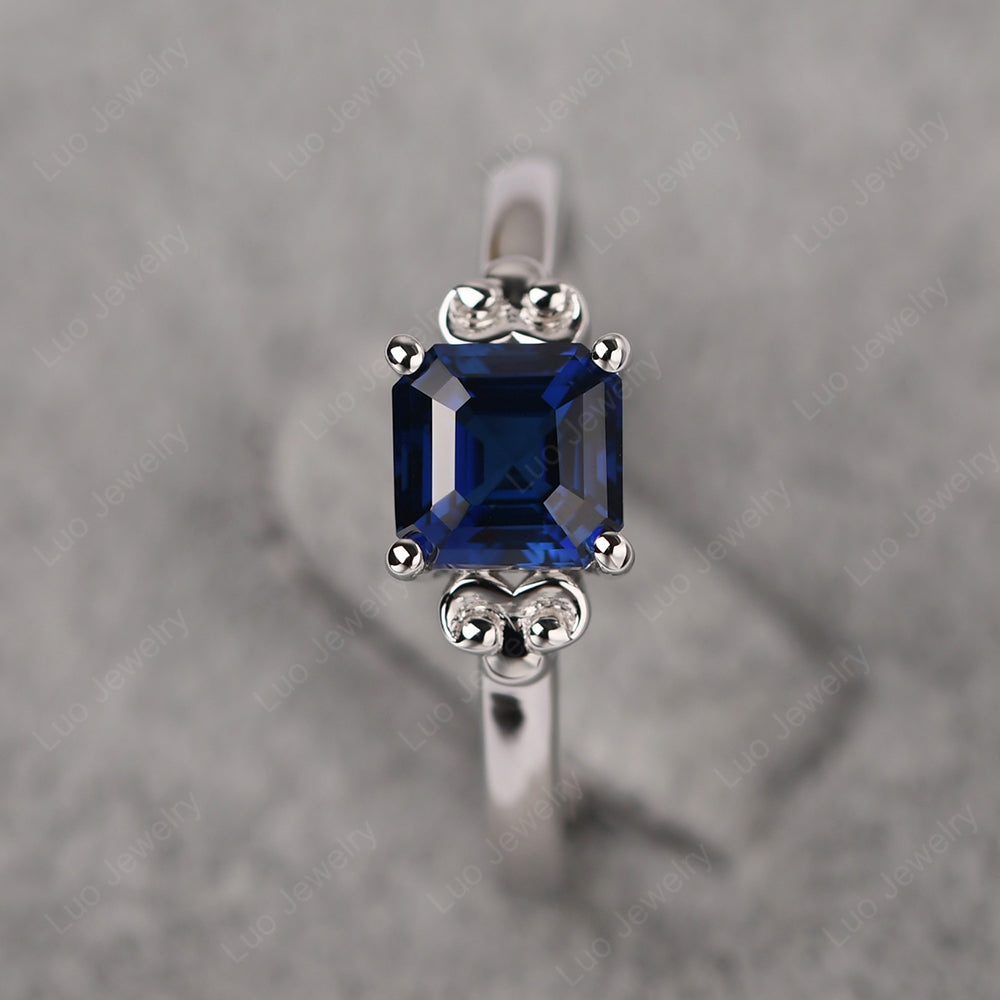 Asscher Cut Lab Sapphire Art Deco Solitaire Ring - LUO Jewelry