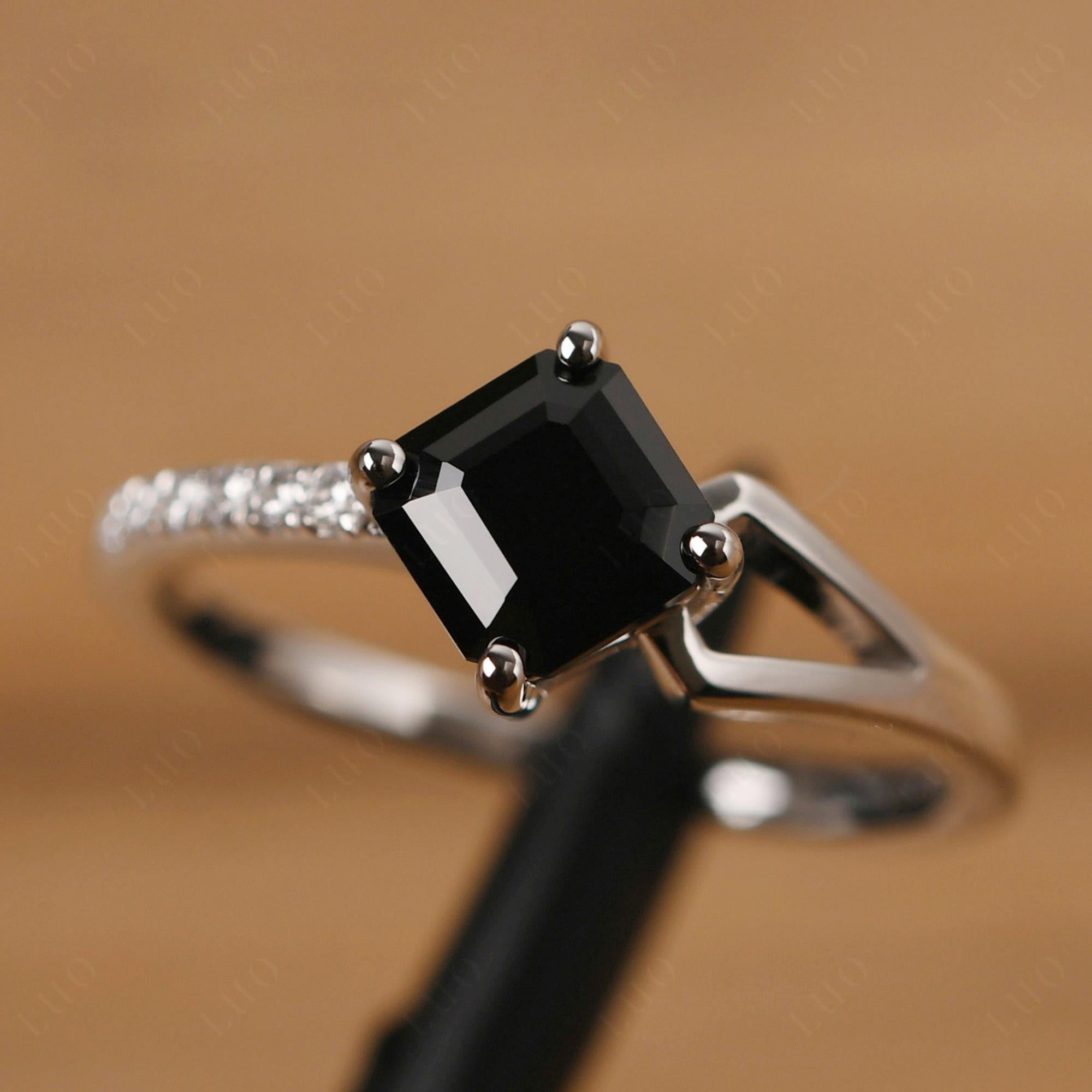 Black Stone Ring Asscher Engagement Ring - LUO Jewelry