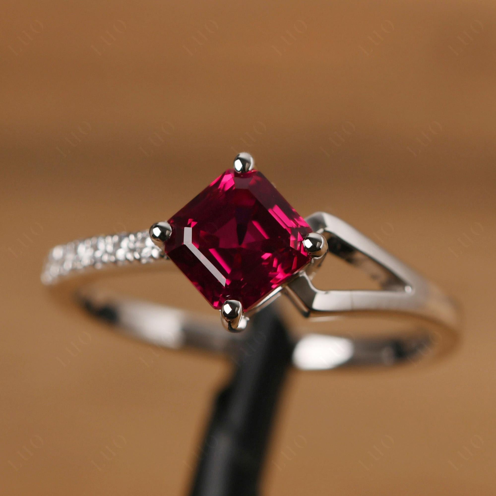 Lab Ruby Ring Asscher Engagement Ring - LUO Jewelry