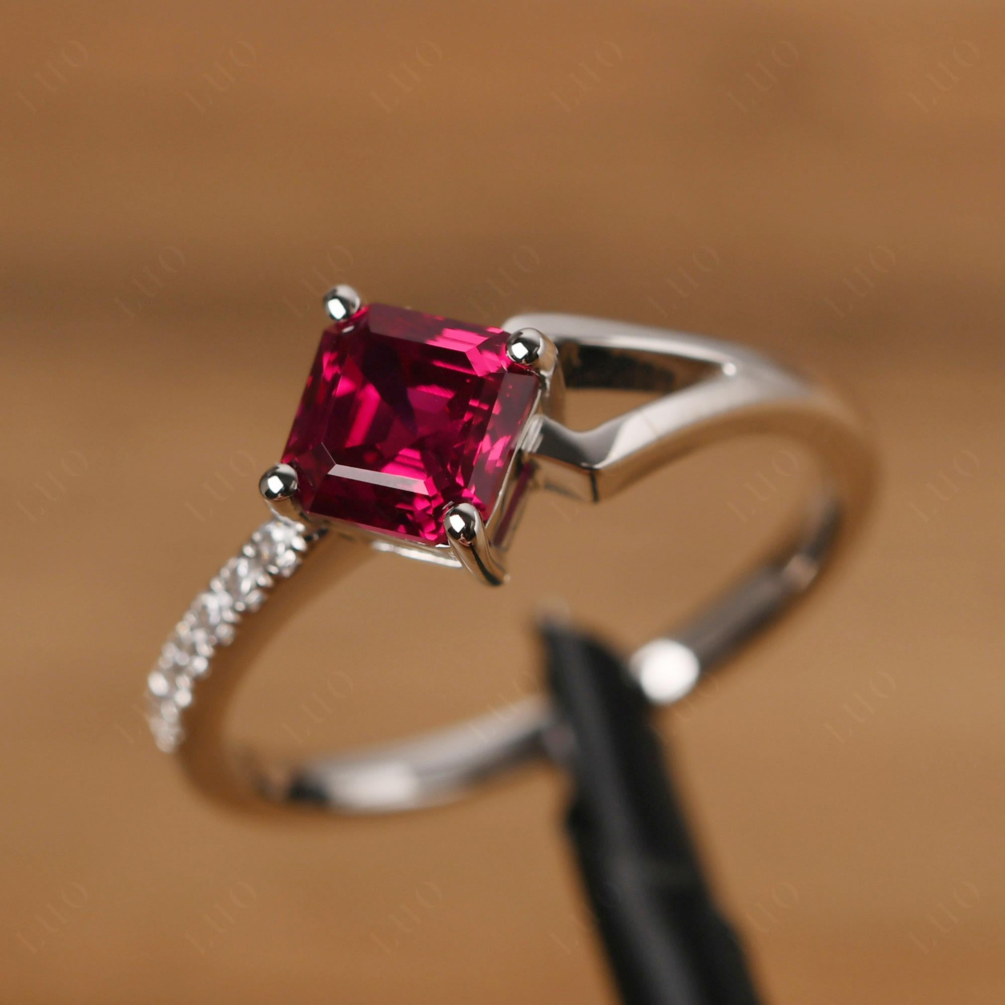 Lab Ruby Ring Asscher Engagement Ring - LUO Jewelry