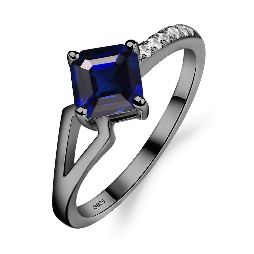 Lab Created Sapphire Ring Asscher Engagement Ring - LUO Jewelry #metal_black finish sterling silver