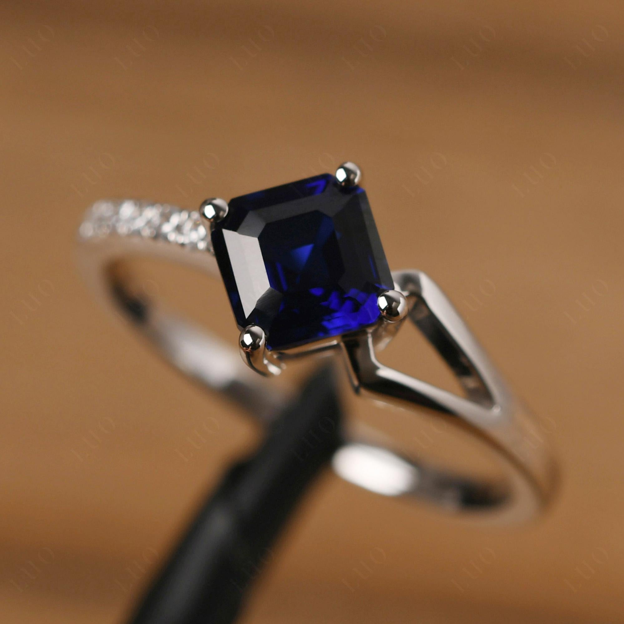 Lab Created Sapphire Ring Asscher Engagement Ring - LUO Jewelry