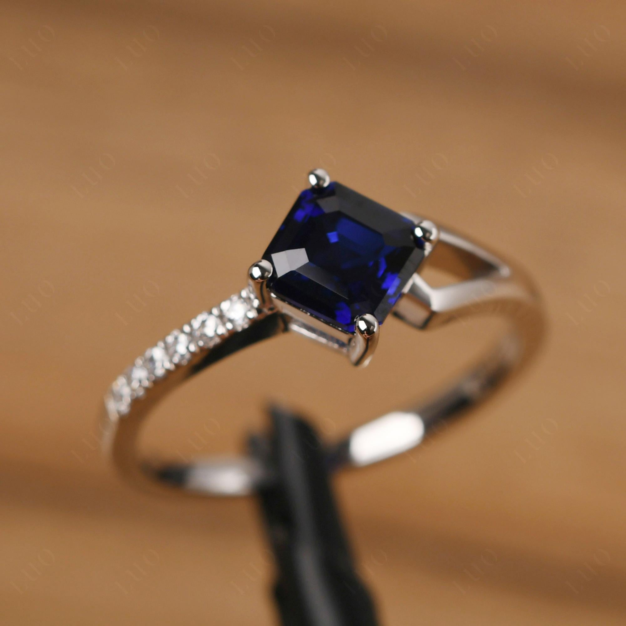 Lab Created Sapphire Ring Asscher Engagement Ring - LUO Jewelry