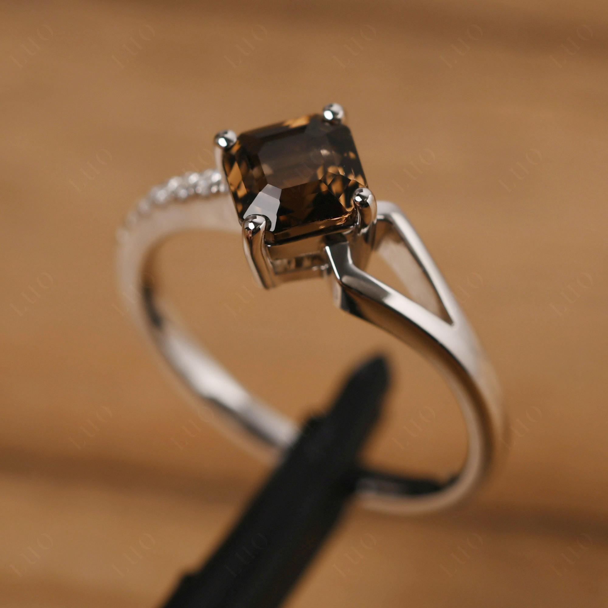 Smoky Quartz Ring Asscher Engagement Ring - LUO Jewelry