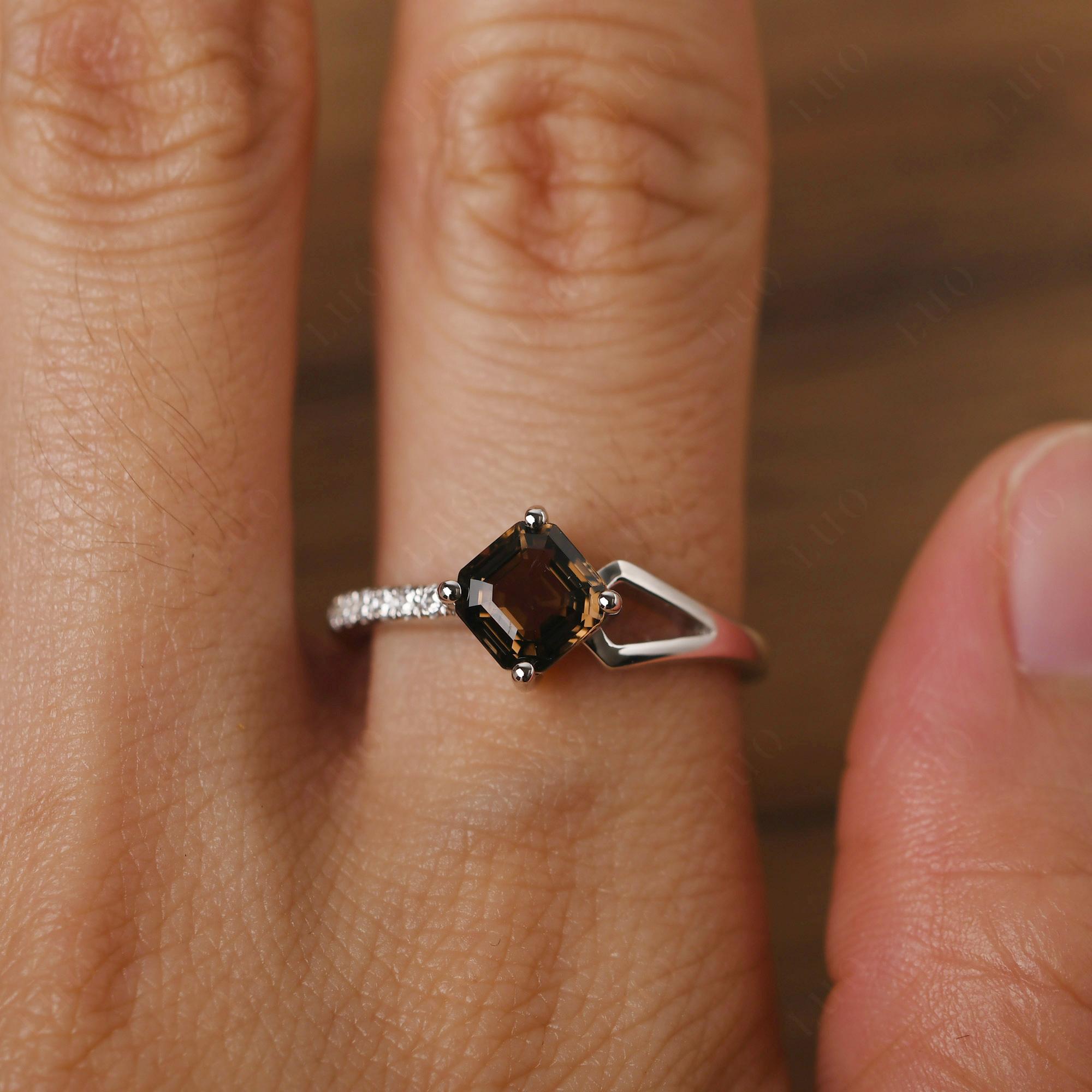 Smoky Quartz Ring Asscher Engagement Ring - LUO Jewelry