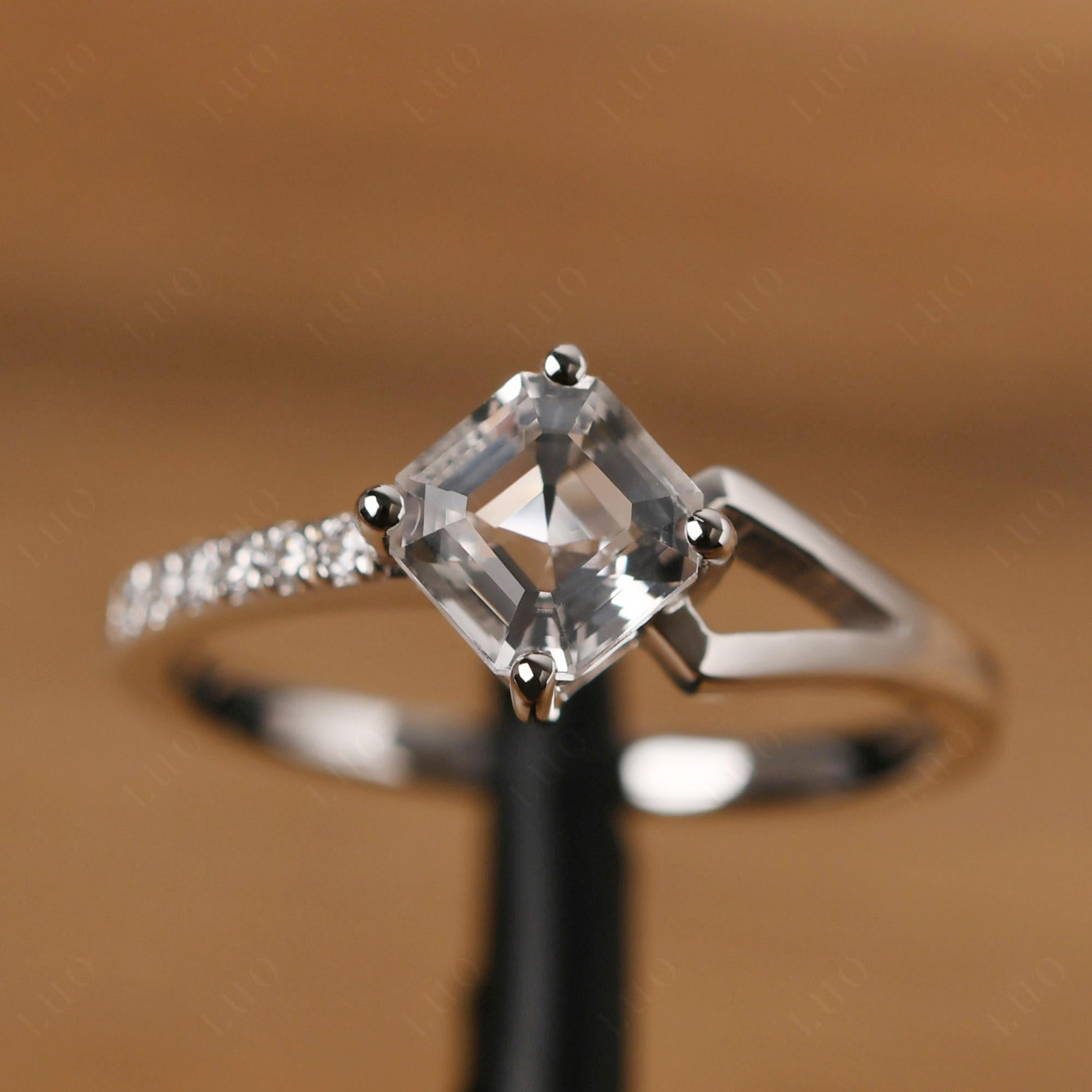 White Topaz Ring Asscher Engagement Ring - LUO Jewelry