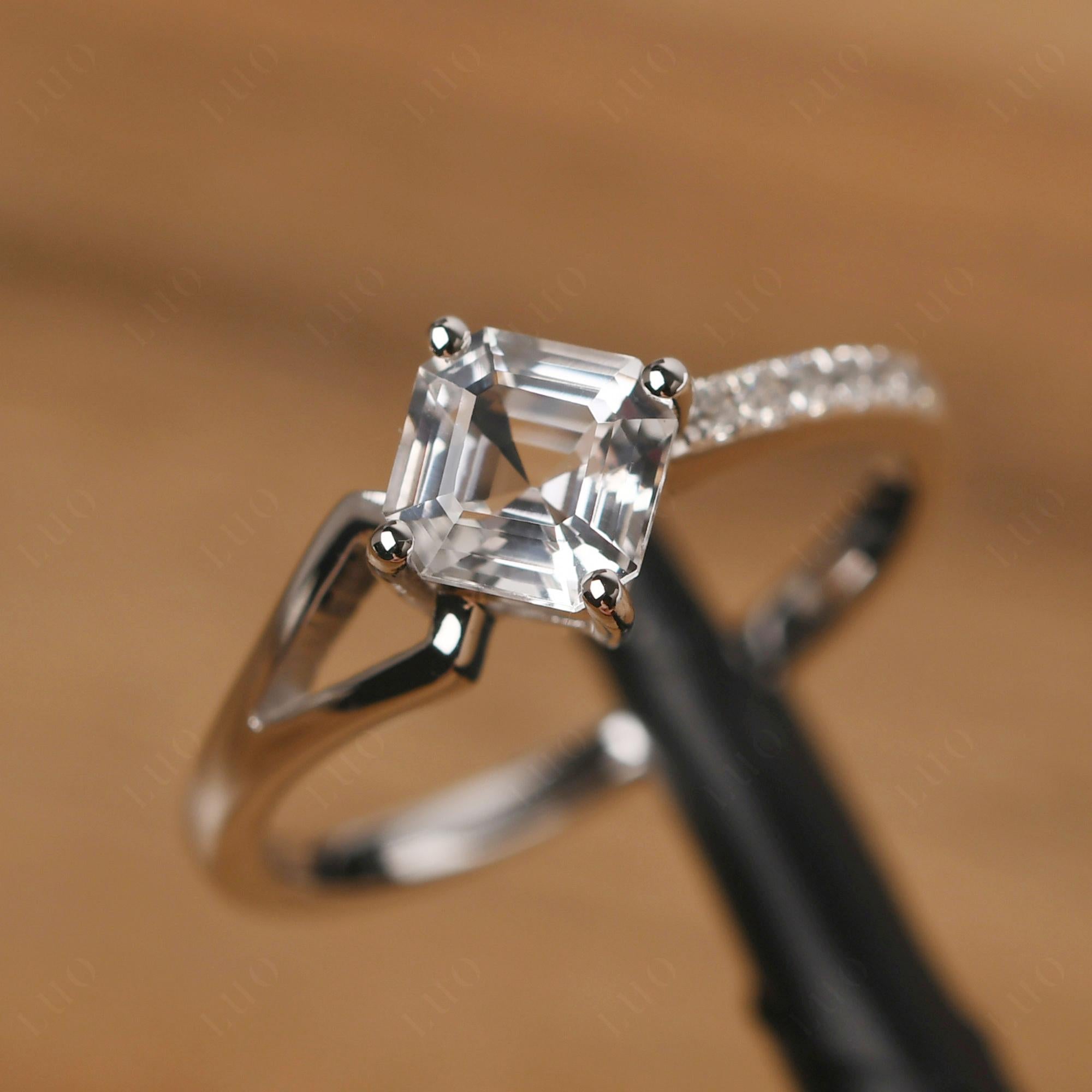 White Topaz Ring Asscher Engagement Ring - LUO Jewelry