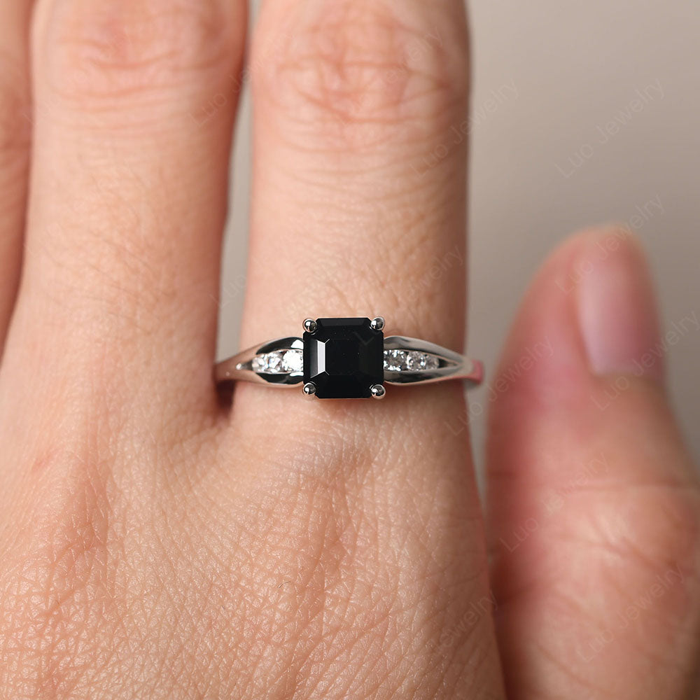 Black Spinel Gold Asscher Cut Engagement Ring - LUO Jewelry