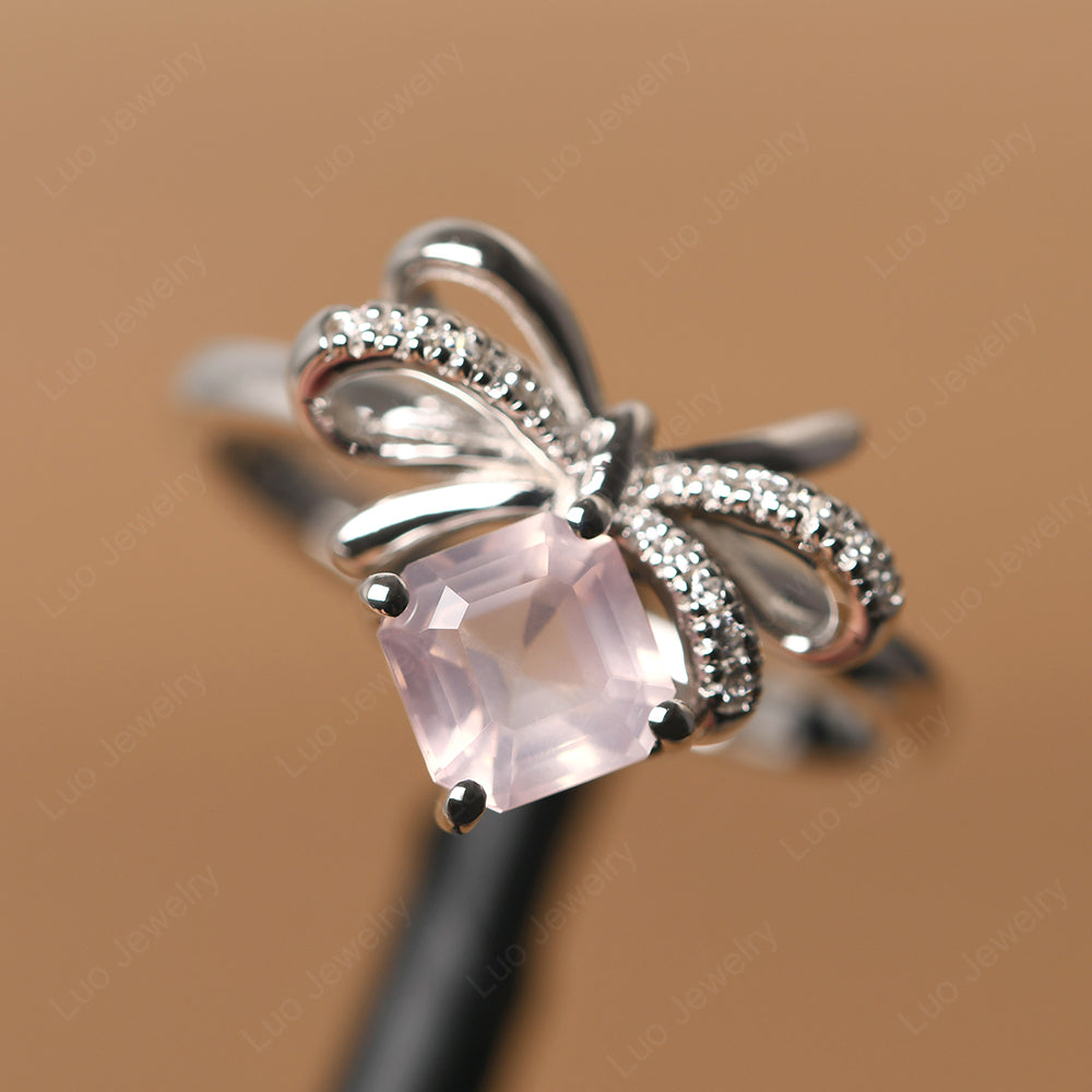 Asscher Cut Rose Quartz Bowknot Ring - LUO Jewelry