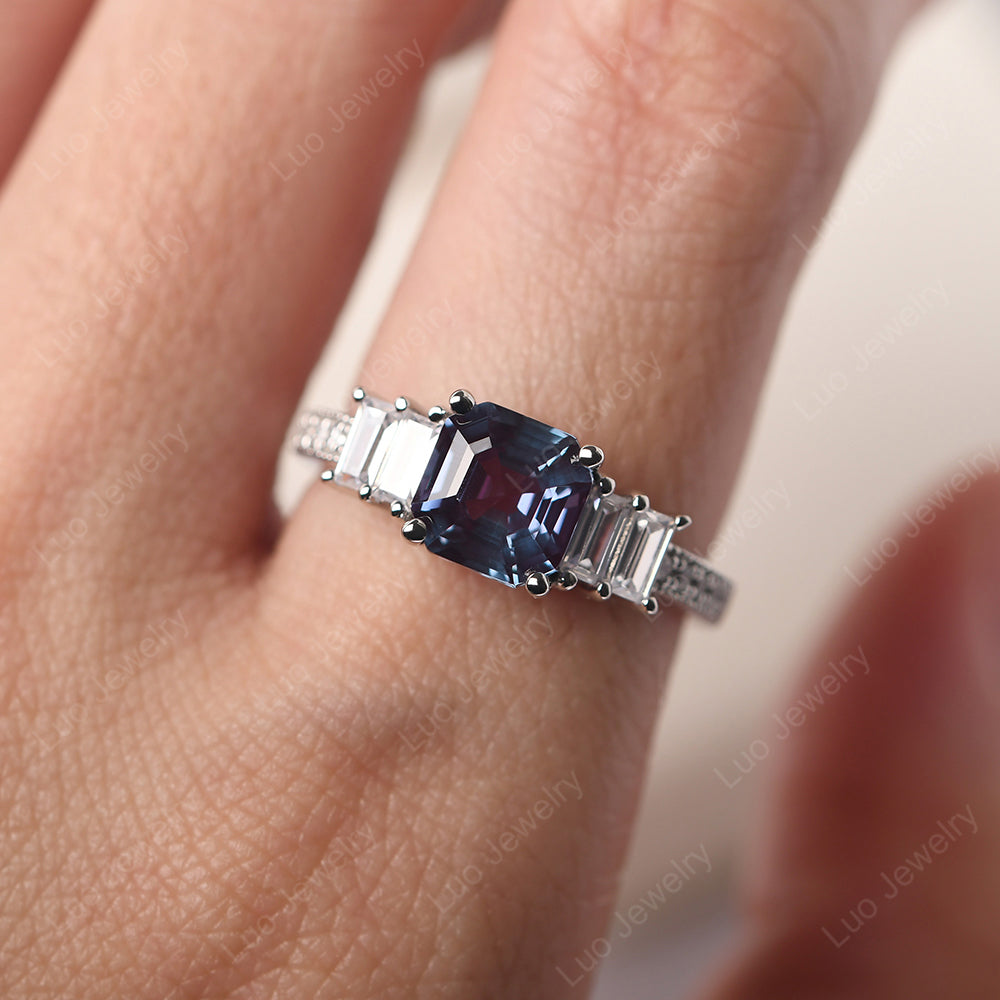 Asscher Cut Alexandrite Engagement Ring With Baguette - LUO Jewelry