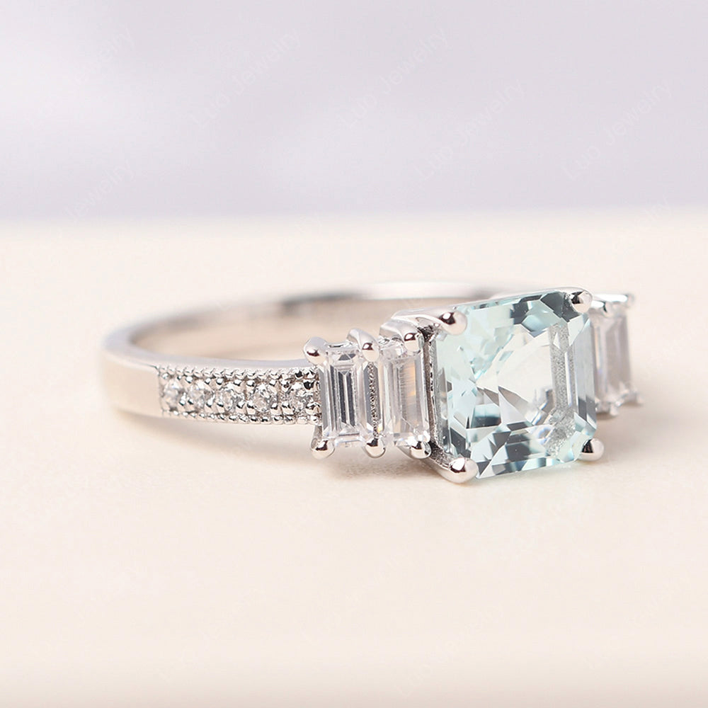 Asscher Cut Aquamarine Engagement Ring With Baguette - LUO Jewelry