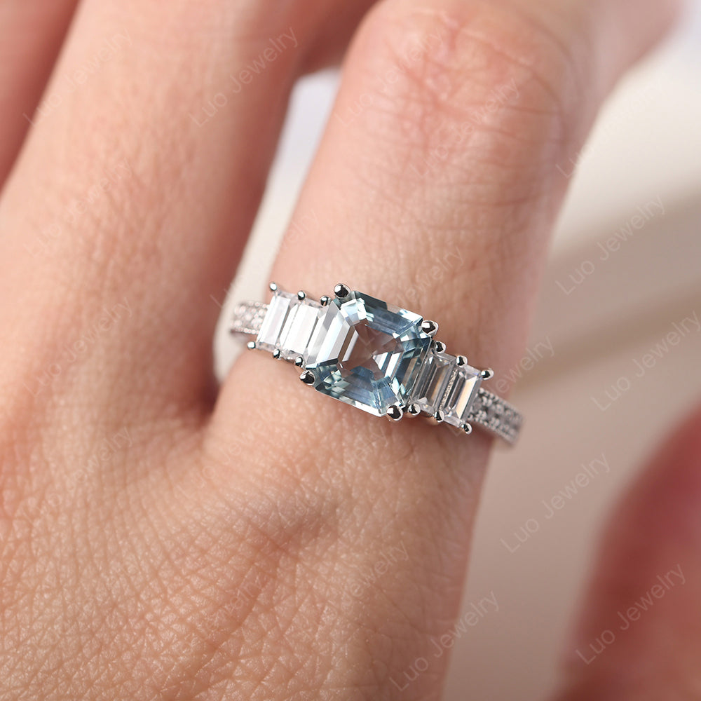 Asscher Cut Aquamarine Engagement Ring With Baguette - LUO Jewelry