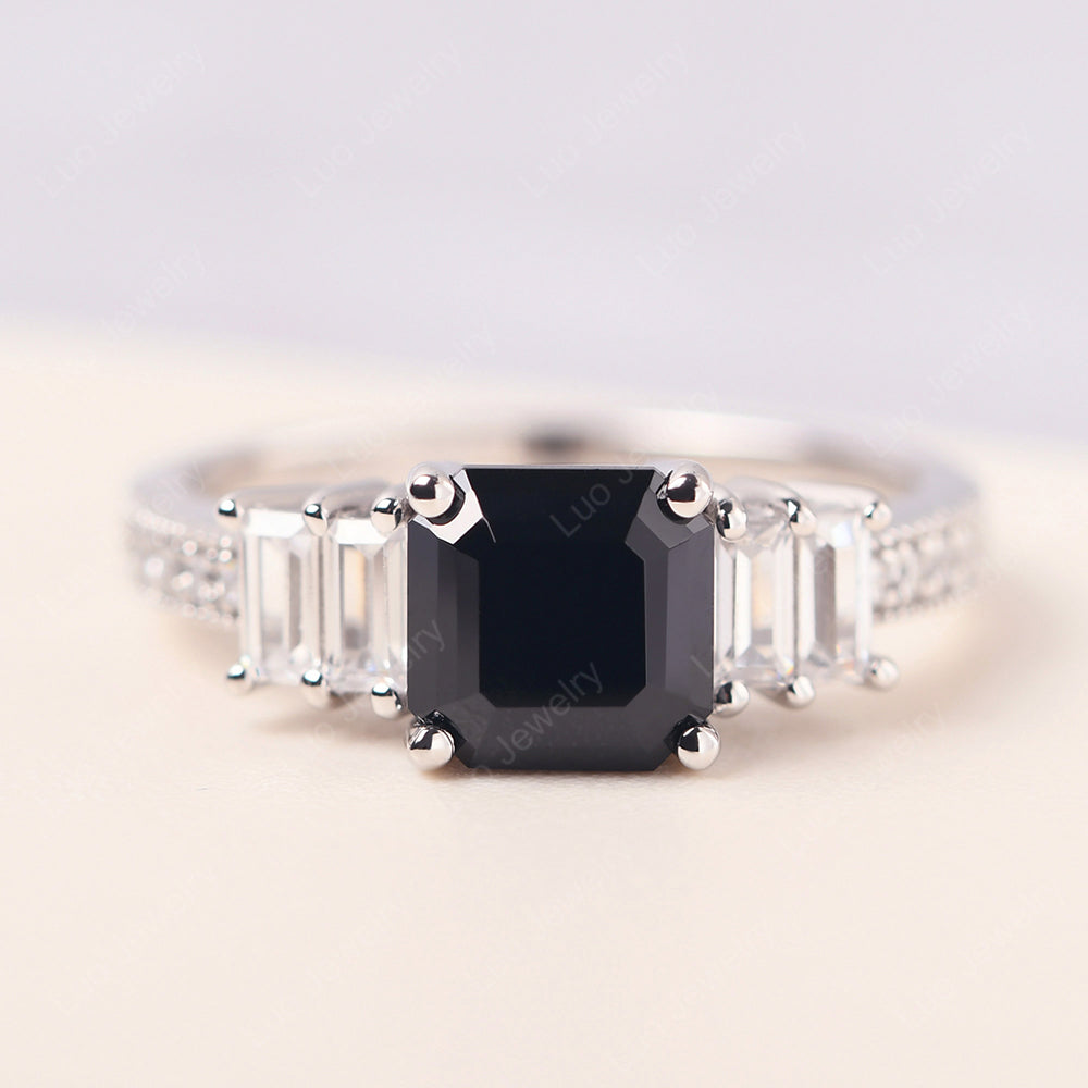 Asscher Cut Black Stone Engagement Ring With Baguette - LUO Jewelry