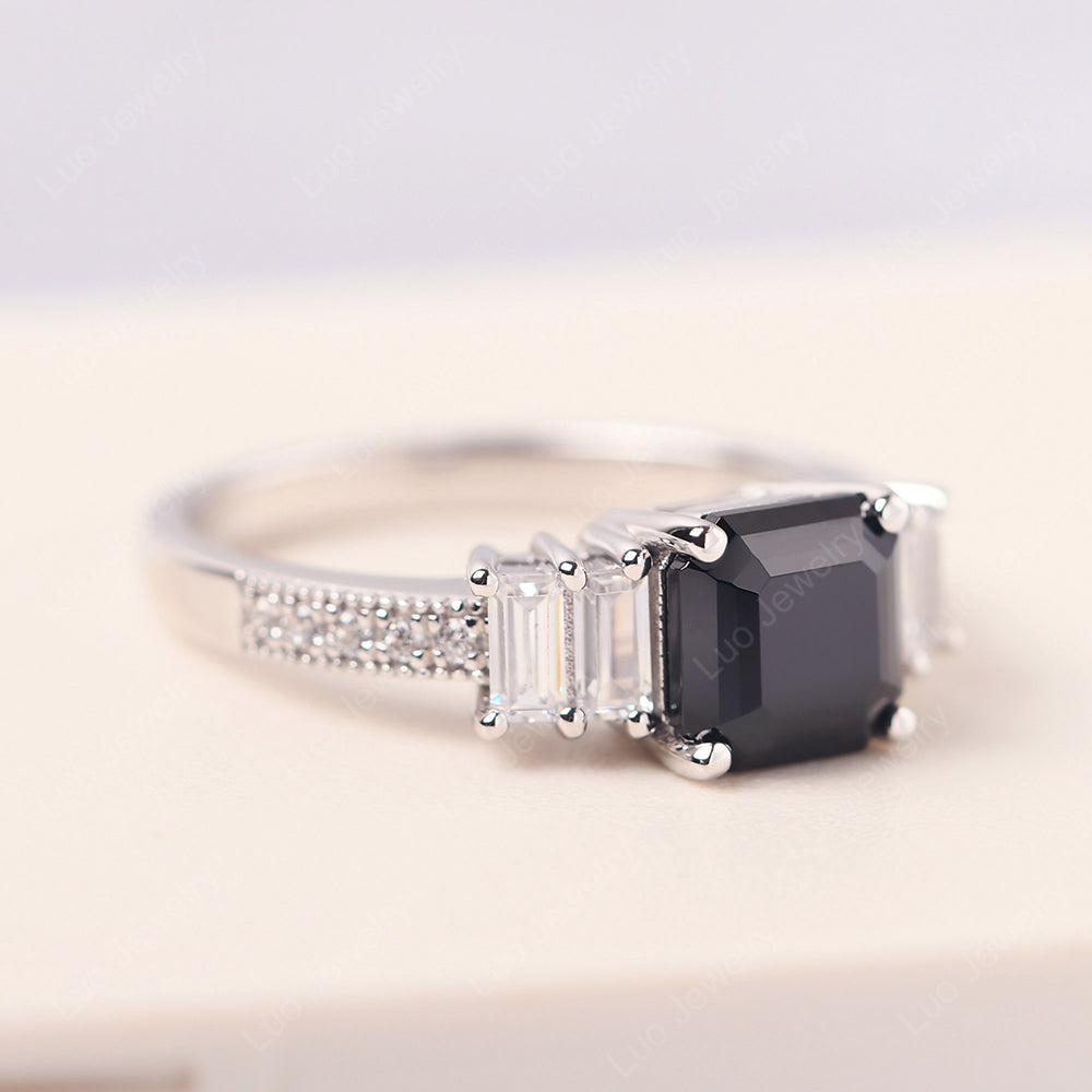 Asscher Cut Black Stone Engagement Ring With Baguette - LUO Jewelry