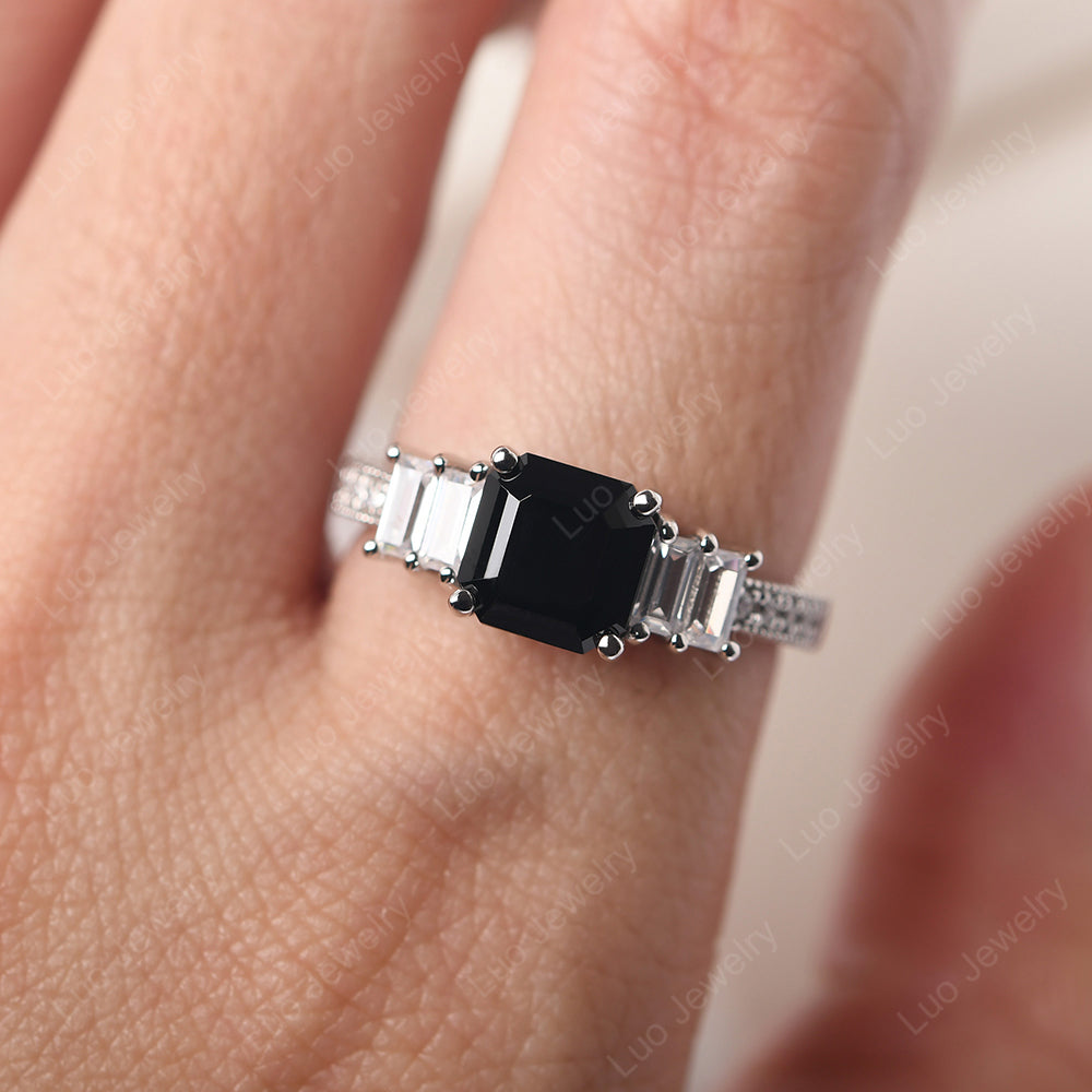 Asscher Cut Black Stone Engagement Ring With Baguette - LUO Jewelry