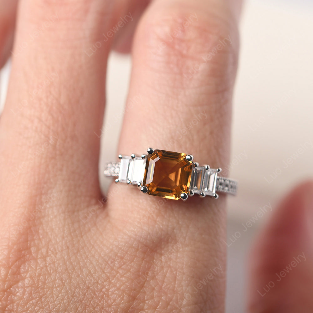 Asscher Cut Citrine Engagement Ring With Baguette - LUO Jewelry