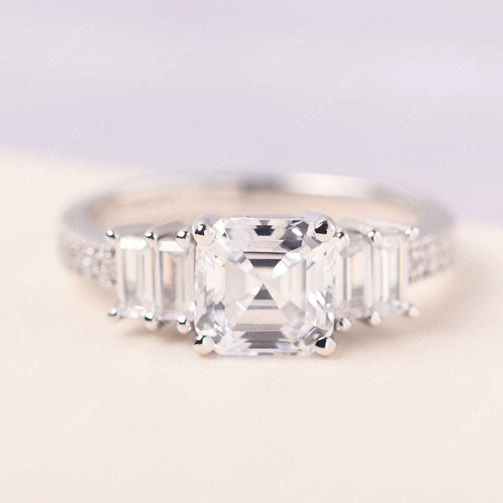 Asscher Cut Cubic Zirconia Engagement Ring With Baguette - LUO Jewelry