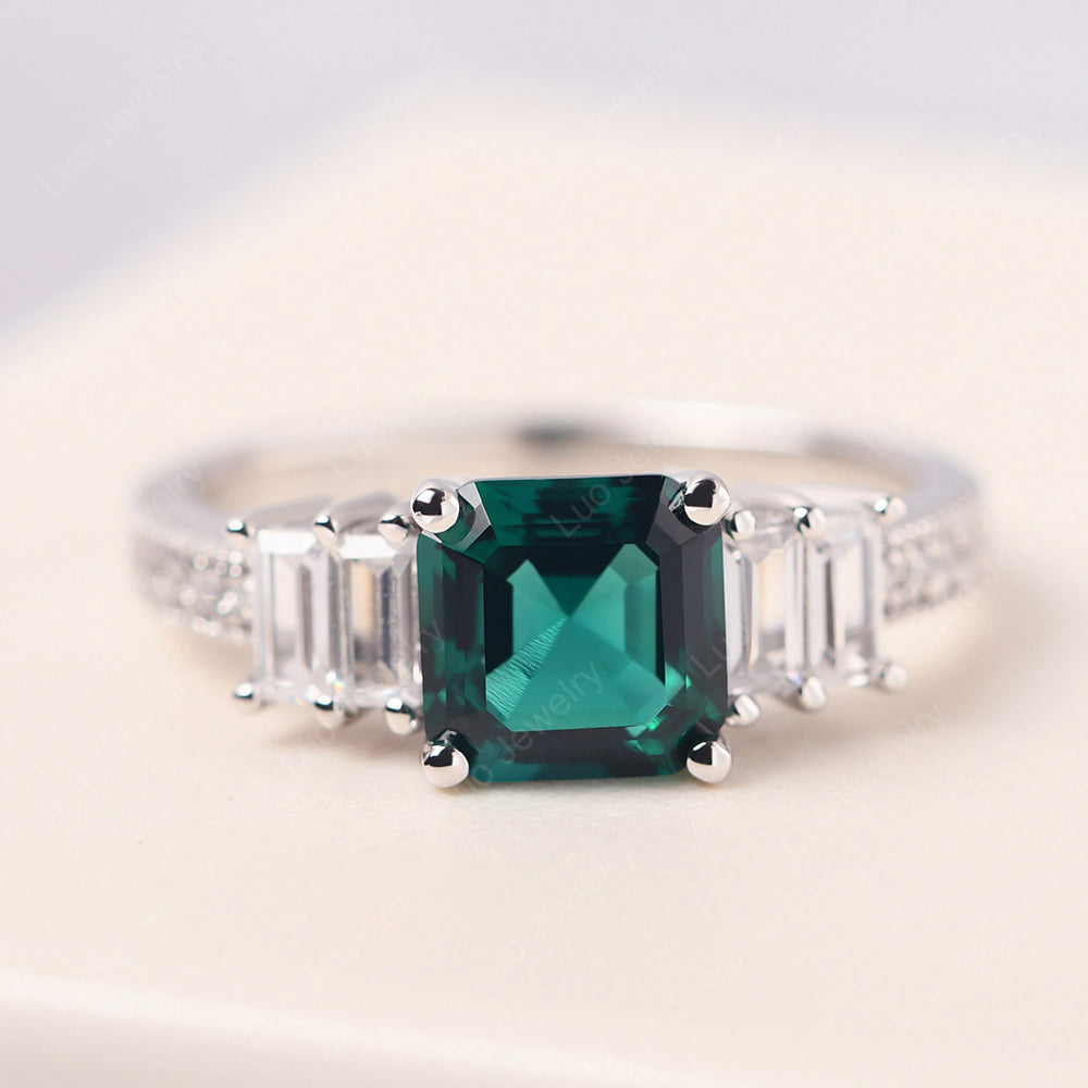 Asscher Cut Lab Emerald Engagement Ring With Baguette - LUO Jewelry