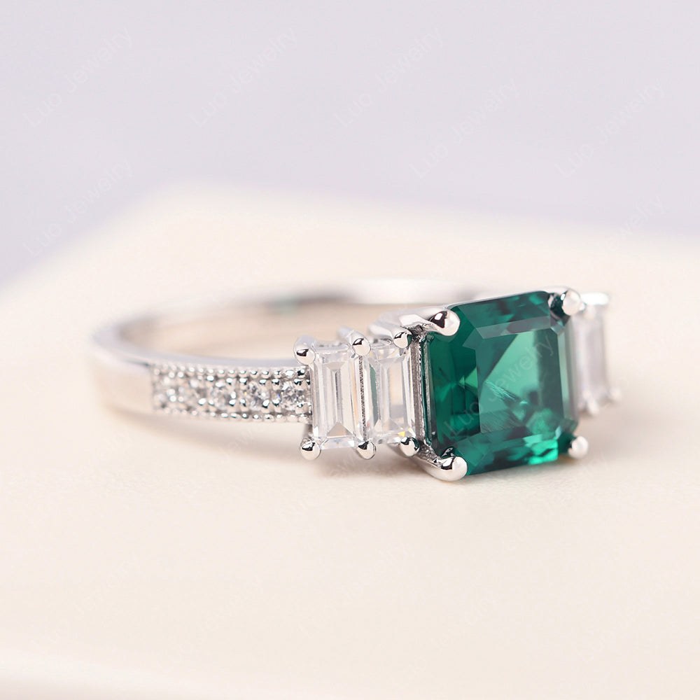 Asscher Cut Lab Emerald Engagement Ring With Baguette - LUO Jewelry