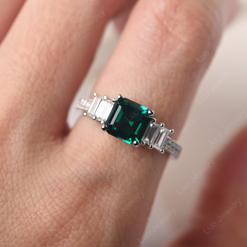 Asscher Cut Lab Emerald Engagement Ring With Baguette - LUO Jewelry