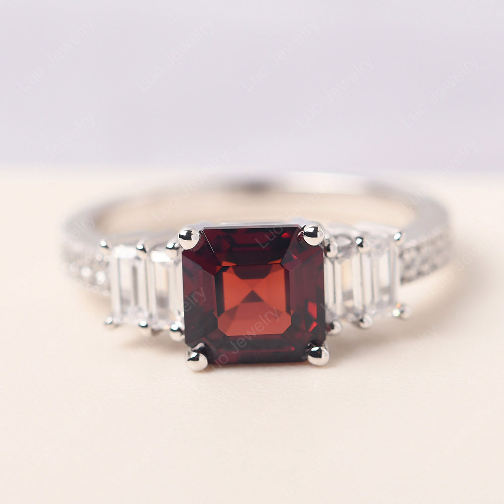 Asscher Cut Garnet Engagement Ring With Baguette - LUO Jewelry