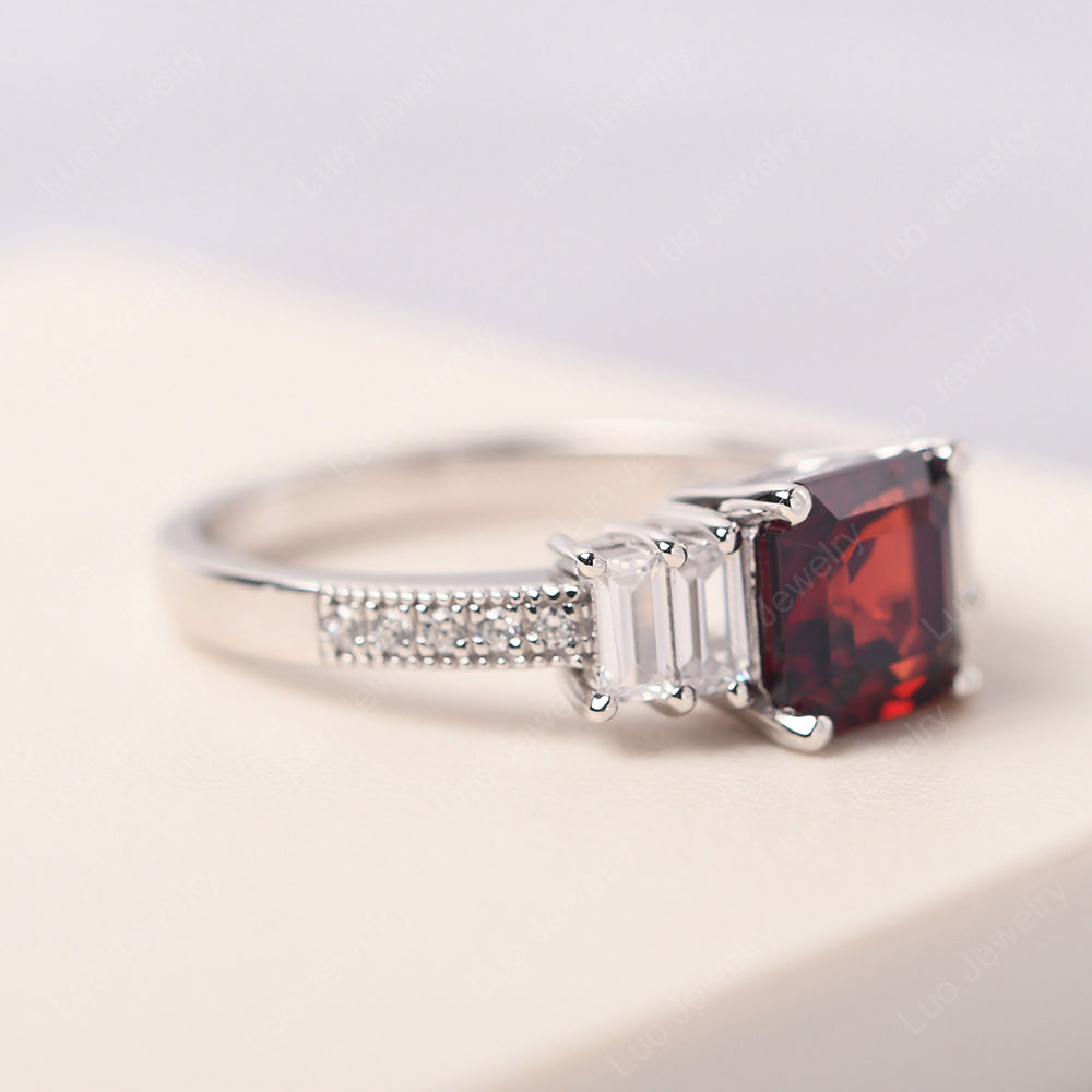 Asscher Cut Garnet Engagement Ring With Baguette - LUO Jewelry