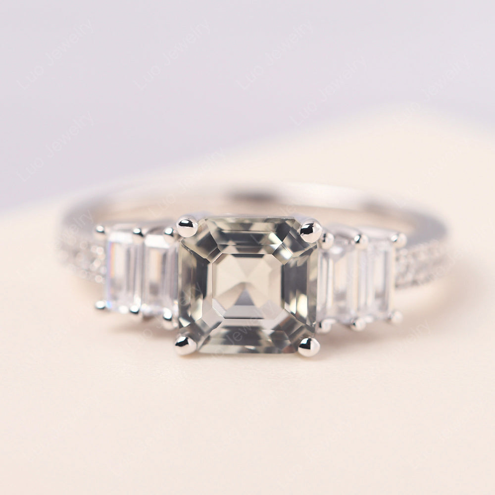 Asscher Cut Green Amethyst Engagement Ring With Baguette - LUO Jewelry