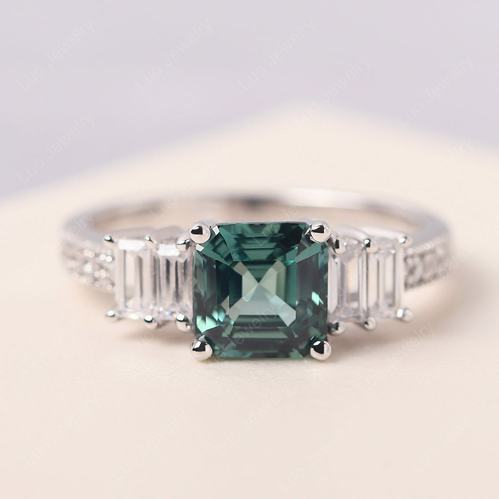 Asscher Cut Green Sapphire Engagement Ring With Baguette - LUO Jewelry