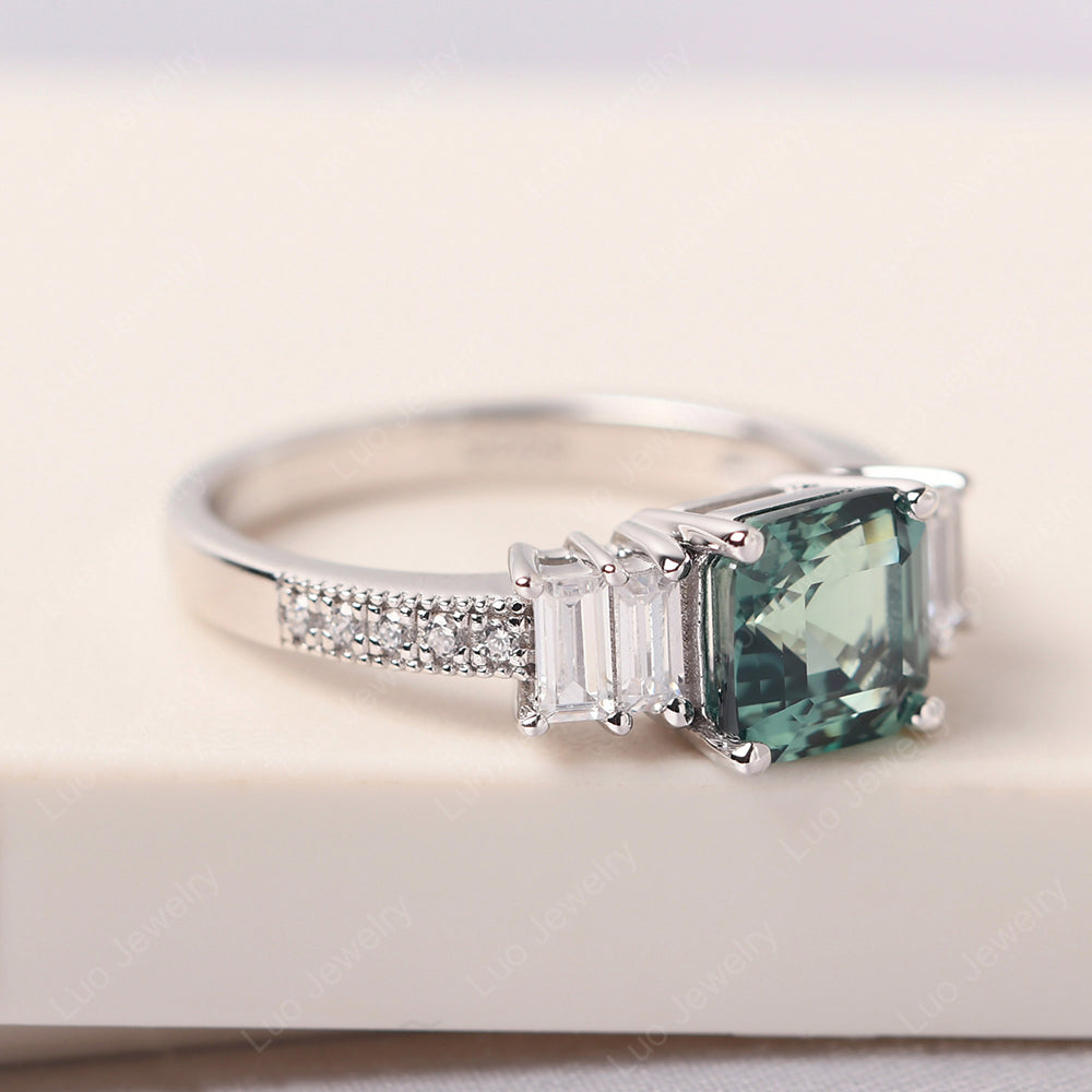 Asscher Cut Green Sapphire Engagement Ring With Baguette - LUO Jewelry