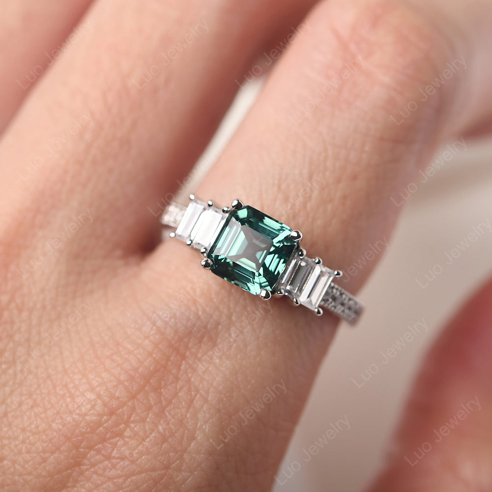 Asscher Cut Green Sapphire Engagement Ring With Baguette - LUO Jewelry