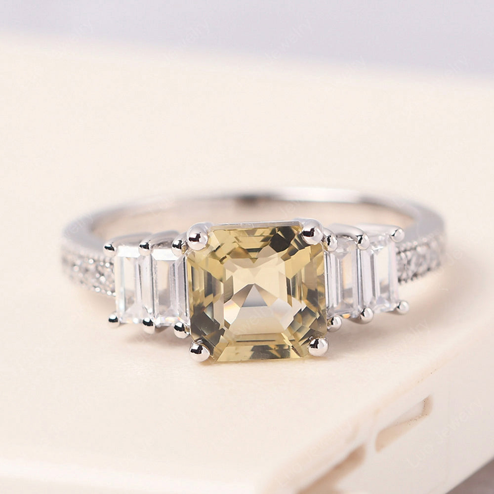 Asscher Cut Lemon Quartz Engagement Ring With Baguette - LUO Jewelry