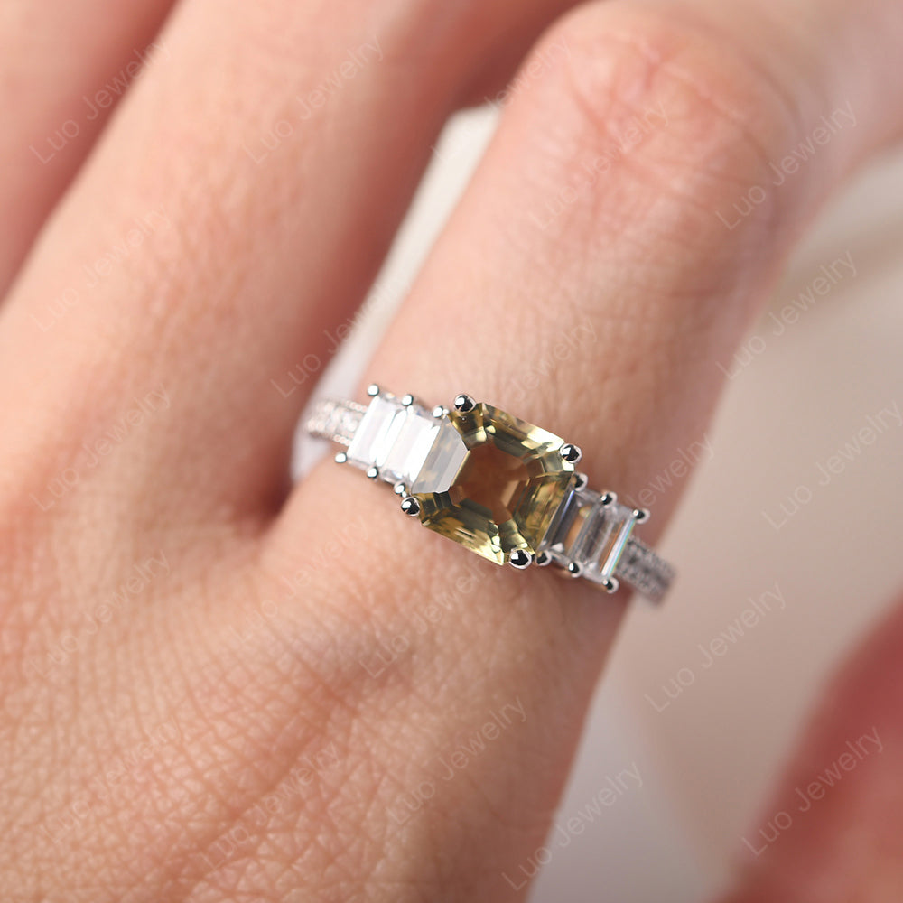 Asscher Cut Lemon Quartz Engagement Ring With Baguette - LUO Jewelry