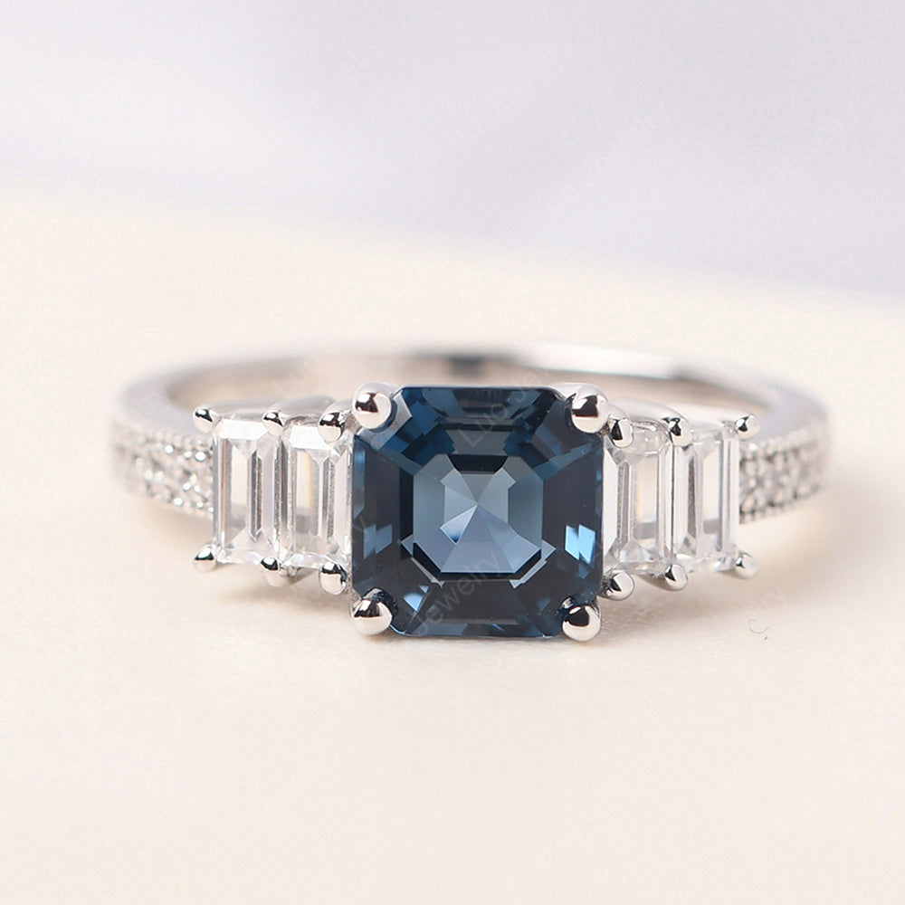 Asscher Cut London Blue Topaz Engagement Ring With Baguette - LUO Jewelry
