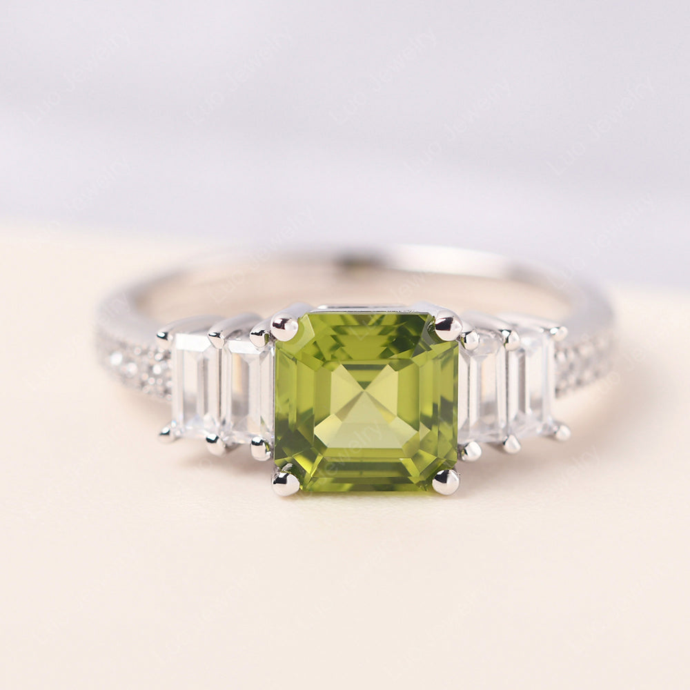 Asscher Cut Peridot Engagement Ring With Baguette - LUO Jewelry