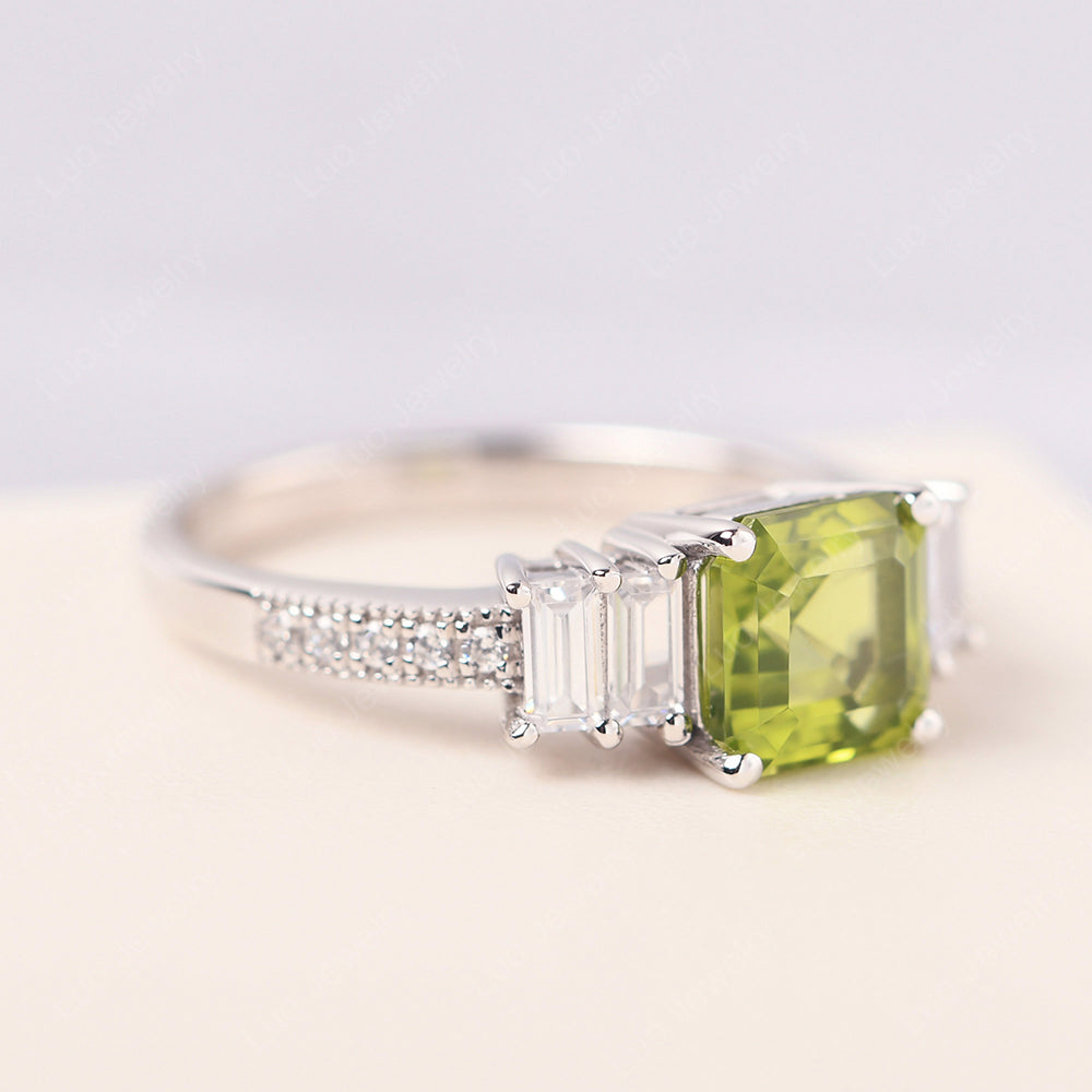 Asscher Cut Peridot Engagement Ring With Baguette - LUO Jewelry