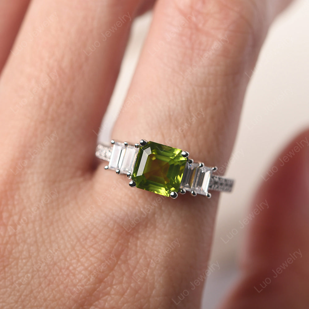 Asscher Cut Peridot Engagement Ring With Baguette - LUO Jewelry