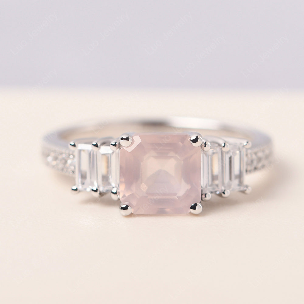 Asscher Cut Rose Quartz Engagement Ring With Baguette - LUO Jewelry