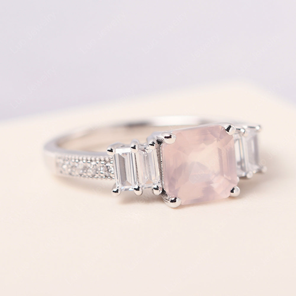 Asscher Cut Rose Quartz Engagement Ring With Baguette - LUO Jewelry