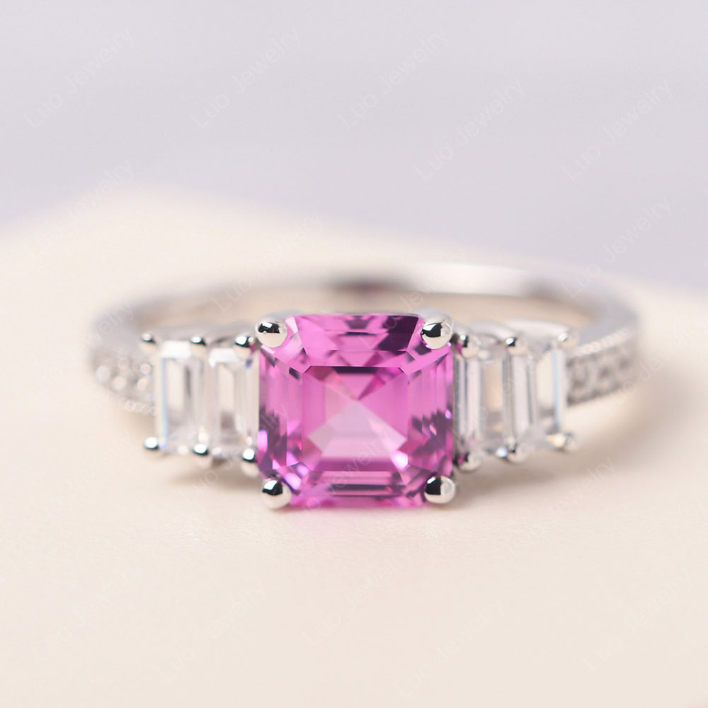 Asscher Cut Pink Sapphire Engagement Ring With Baguette - LUO Jewelry