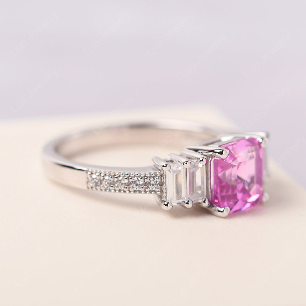 Asscher Cut Pink Sapphire Engagement Ring With Baguette - LUO Jewelry